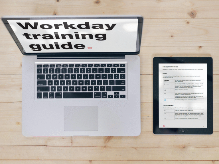 "Workday training guide" is open on the laptop screen. "Navigation basics" is open on the tablet.
