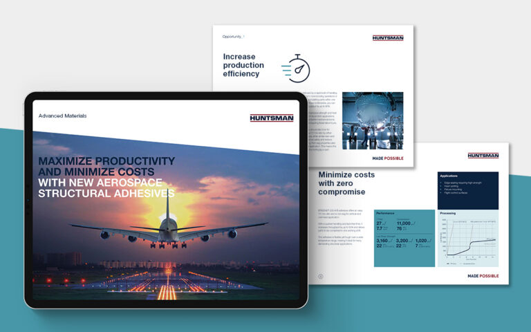 Pages from the e-book. The title reads “Maximize productivity and minimize costs with new aerospace structural adhesives”.